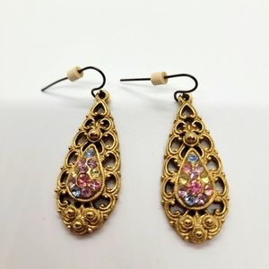 Vintage Dangle Earrings Gold Color with Faux Pastel Stones